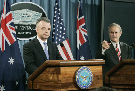 Australia’s then-defence minister Brendan Nelson with US counterpart Donald Rumsfeld during a joint news conference at the Pentagon in 2006.
