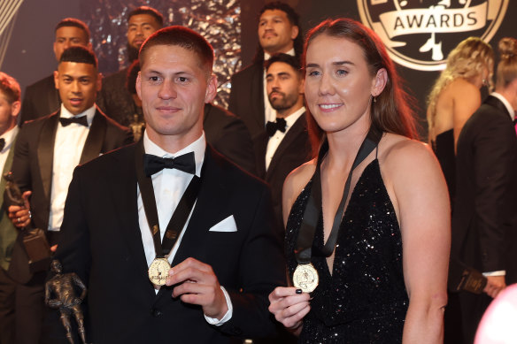 Kalyn Ponga and Tamika Upton with their 2023 Dally M medals.
