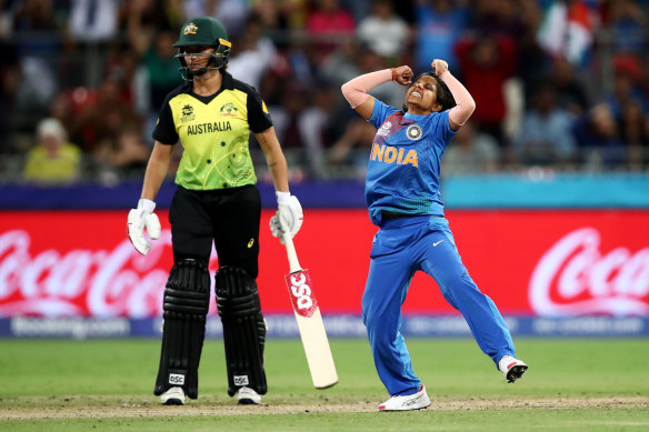 Indian match winner Poonam Yadav celebrates a wicket in Sydney.