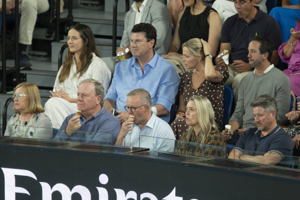 Left to right, front: Tanya and Peter Costello, Anthony Albanese and Jodie Haydon, Mike Sneesby. Back row: Liz Fitch, Hamish McLennan, Lucinda McLennan.