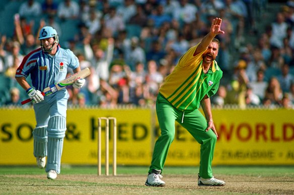Merv Hughes appeals for a wicket during Benson & Hedges World Series match between Australia A and England in 1994 at the MCG in Melbourne, Australia.