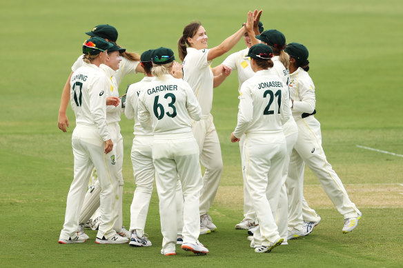 Australia’s women’s team wears their white outfits in the January Ashes Test against England.