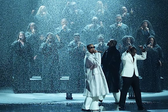 Pharrell Williams, left, performs So Far Ahead with Pusha T and Malice of Clipse.