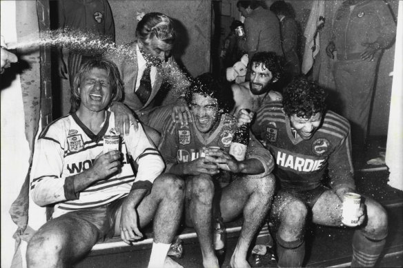 Peter Sterling, David Liddiard, Steve Edge and Steve Ella celebrate after the 1983 grand final with then-prime minister Bob Hawke.