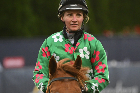 Jamie Kah aboard Albertville during gallops at Moonee Valley.