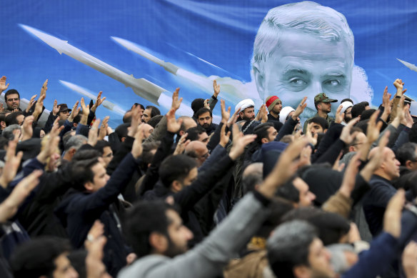 Protesters in Tehran demonstrate over the US air strike in Iraq that killed Iranian  general Qassem Soleimani. Iran has vowed "harsh retaliation".