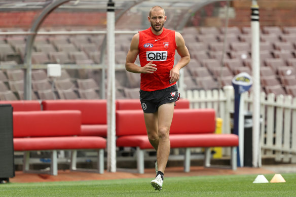 Sam Reid runs during the Swans’ closed training session on Thursday morning.