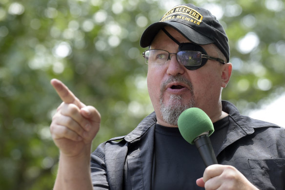 Stewart Rhodes, founder of the citizen militia group known as the Oath Keepers, speaks during a rally outside the White House in Washington in 2017.