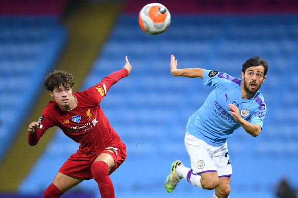 Bernardo Silva (right) and Manchester City inflicted just the second league loss of the season on Neco Williams' champion Liverpool side in a 4-0 thrashing.