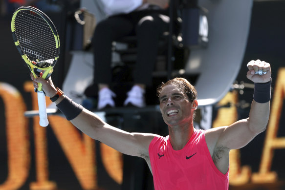 Rafael Nadal celebrates his first-round win.