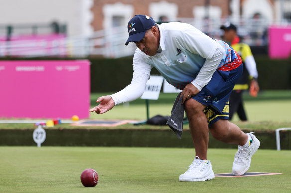 Premier of Niue, Dalton Tagelagi, practises on the bowling greens at Victoria Park at the Commonwealth Games.  