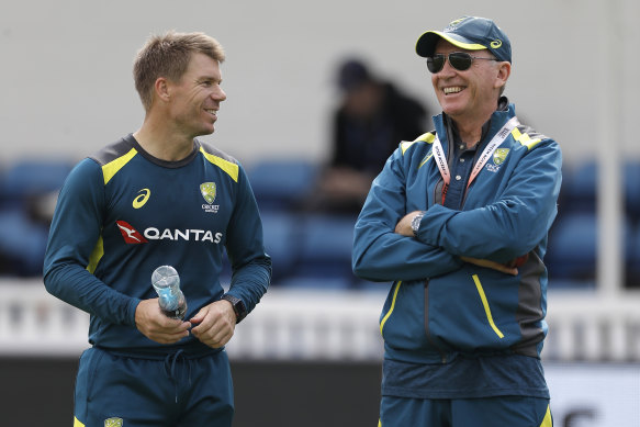 David Warner (left) with chairman of selectors Trevor Hohns during the Ashes tour.