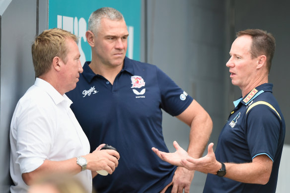 Roosters coach Trent Robinson with former assistant Jason Ryles (centre) and Justin Holbrook.