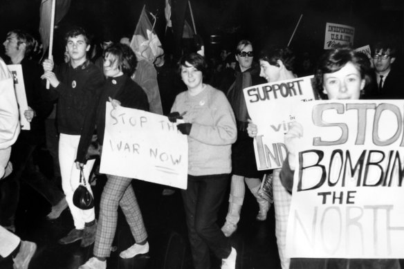 Anti-Vietnam War student protesters marching in Melbourne in 1968.