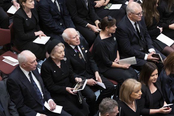 Former prime minister Paul Keating, Janette Howard, former prime minister John Howard, Jenny Morrison and former prime minister Scott Morrison during the Queen’s memorial service in Canberra.