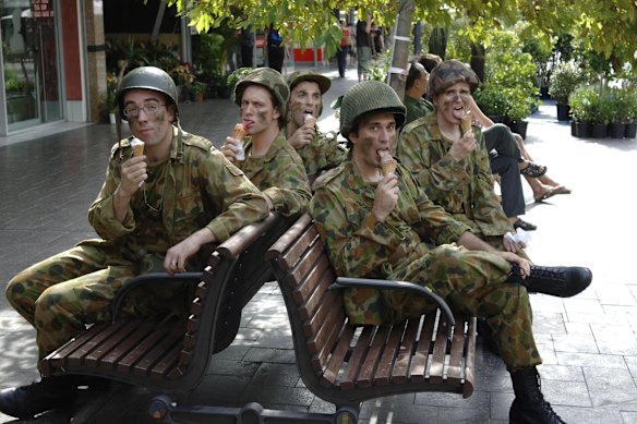 The Chaser (from left): Julian Morrow, Craig Reucassel, Chas Licciardello, Andrew Hansen and Chris Taylor. 