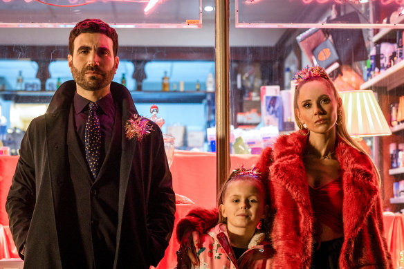 Brett Goldstein with Elodie Blomfield (middle) and Juno Temple, who play his niece and girlfriend in Ted Lasso.