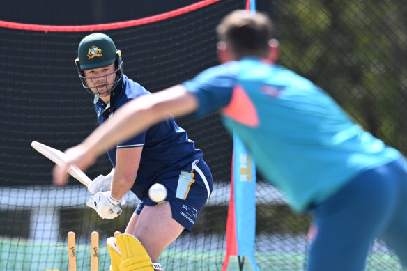 Harry Wilson bats against Marnus Labuschagne during a group training session at the lan Healy Oval.