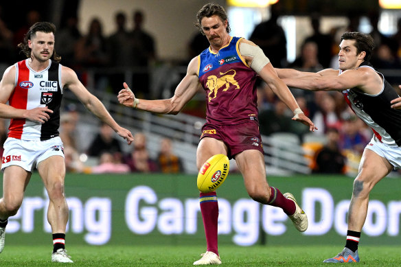 Forward asset: Joe Daniher gets a kick away.