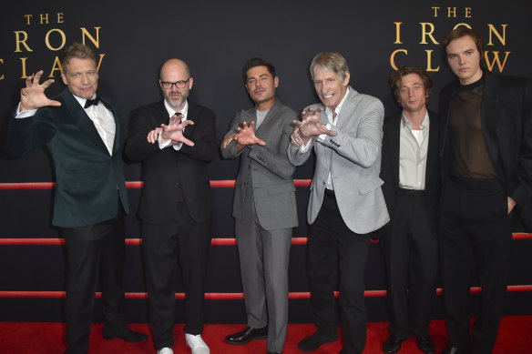 Holt McCallany (from left), Sean Durkin, Zac Efron, Kevin Von Erich, Jeremy Allen White and Stanley Simons at the premiere of The Iron Claw. 