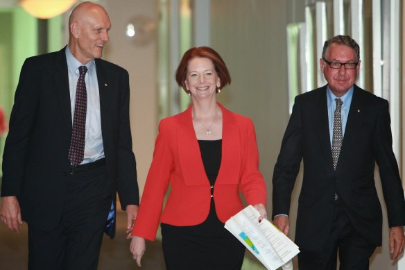 Education Minister Peter Garrett, Prime Minister Julia Gillard and David Gonski at the release of his review at Parliament House in 2012.