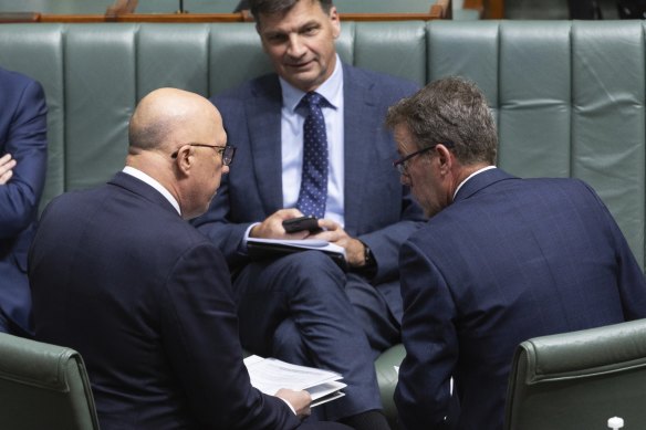 The opposition’s Peter Dutton (left), Angus Taylor and Dan Tehan in question time today.