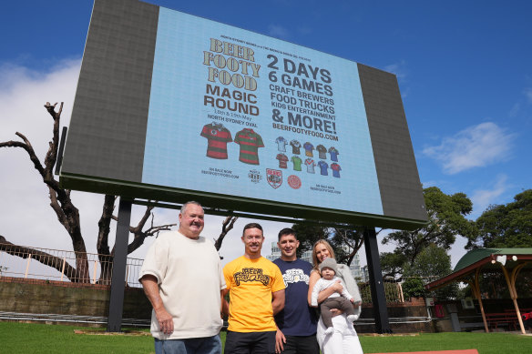 Darryl Brohman, Damien Cook, Victor Radley, along with his partner Taylah and their newborn Vincent, promote next weekend’s Beer Footy and Food Festival at North Sydney Oval.