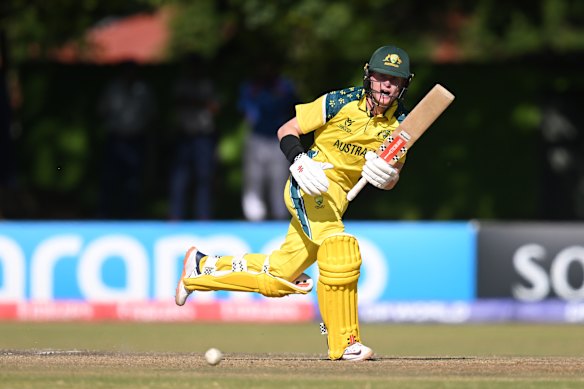 Ollie Peak on his way to a century against England, his second of the Under-19 World Cup.