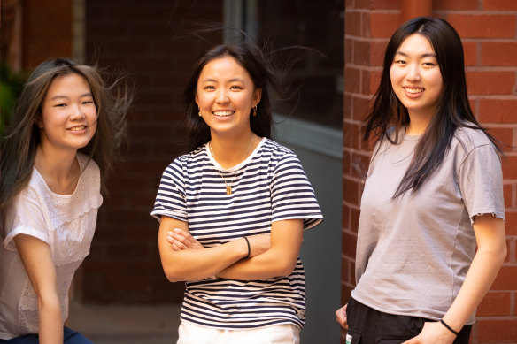 Lauriston Girls School students Cathy Xiong, Amelia Zhu and Felicity Hu on Friday.