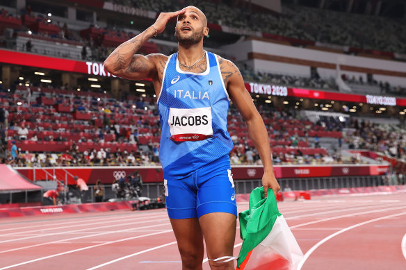 US-born Lamont Marcell Jacobs celebrates his success at the Tokyo Olympics.