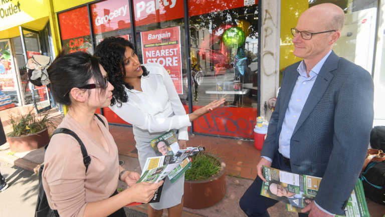 The Greens' leader Samantha Ratnam and Brunswick candidate Tim Read campaigning in the seat.