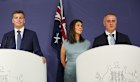 New Leader of the Opposition Angus Taylor with the new (L-) opposition finance spokeswoman Claire Chandler, Deputy Leader of the Opposition Jane Hume, and Shadow Treasurer Tim Wilson.