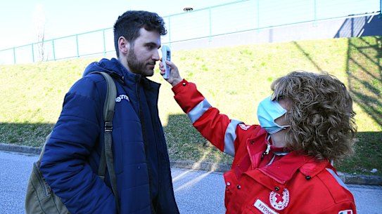 Coronavirus health checks take place before the Serie A match between Udinese Calcio and ACF Fiorentina at Stadio Friuli in Udine, Italy.