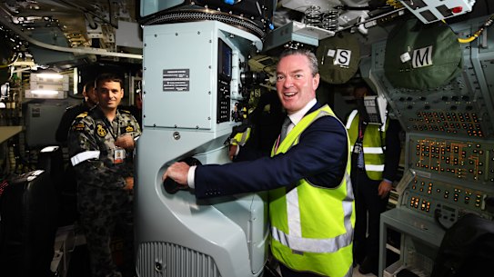 Christopher Pyne tours the HMAS Collins submarine when he was Defence Minister in 2018.