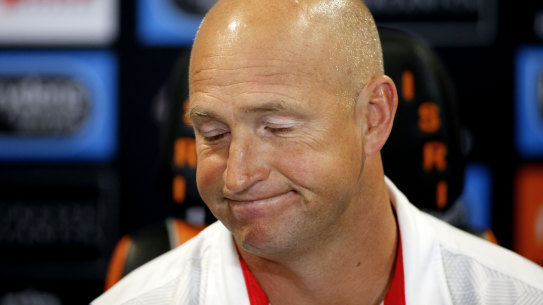 Knights coach Nathan Brown fronts the post-match press conference after the Tigers game.