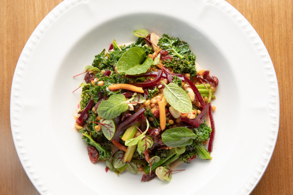 Rainbow salad featuring beetroot, miso-pickled pumpkin, freekeh and peanut butter-laced hummus.