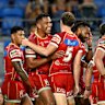 Daniel Saifiti celebrates with the Dolphins against the Gold Coast Titans.