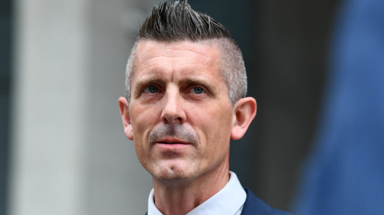 Lee Lovell, husband of victim Emma Lovell, speaks to the media outside the Brisbane Supreme Court on Wednesday.