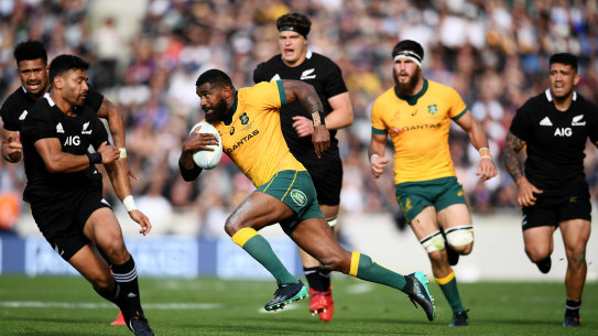 Marika Koroibete runs the ball at Eden Park on Sunday.