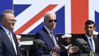 Anthony Albanese, Joe Biden and Rishi Sunak at Naval Base Point Loma in San Diego during the announcement of the trilateral security pact between Australia, Britain, and the United States.