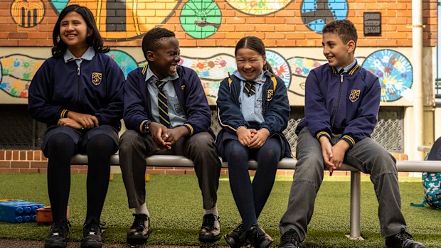 Year 6 pupils Leyana Thapa, Patrick Kpaka, Brianna Vu and Jonah Katrib at Holy Family Primary School in Granville.