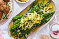 Grilled Romano beans with braised lemon, garlic and dill.