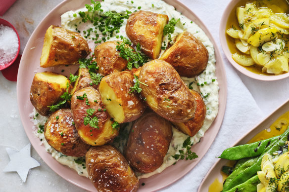 Showstopper potatoes: Crispy roast spuds on a bed of creamy fromage blanc.