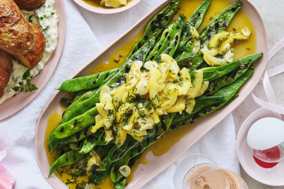 Grilled Romano beans with braised lemon, garlic and dill.