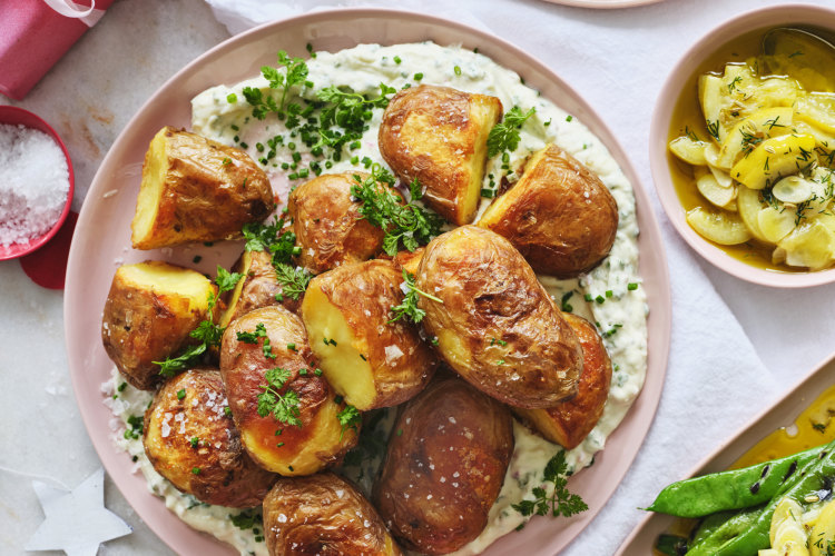 Showstopper potatoes: Crispy roast spuds on a bed of creamy fromage blanc.