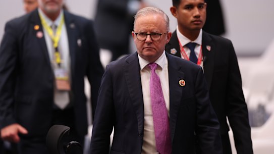 Australian Prime Minister Anthony Albanese, foreground, arrives for the ASEAN-Australia summit as part of the ASEAN summit, in Kuala Lumpur, Malaysia Tuesday, Oct. 28, 2025. (Chalinee Thirasupa/Pool Photo via AP)