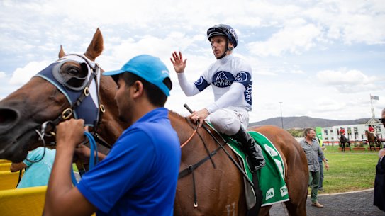 Canberra Cup winner Samadoubt and jockey Tim Clark.