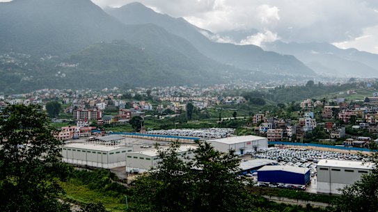 Newly imported electric vehicles parked at Chobhar dry port, not far from the capital of Nepal, Kathmandu.