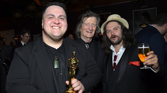 Judah Kelly (left) with fellow guests Chris Smither and Will Harrington at the 2026 Netflix Oscar after party.