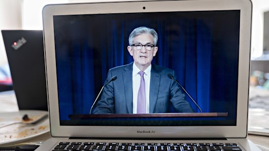 US Fed Chairman Jerome Powell speaking at his online news conference after the central bank said it would hold the benchmark interest rate near zero.